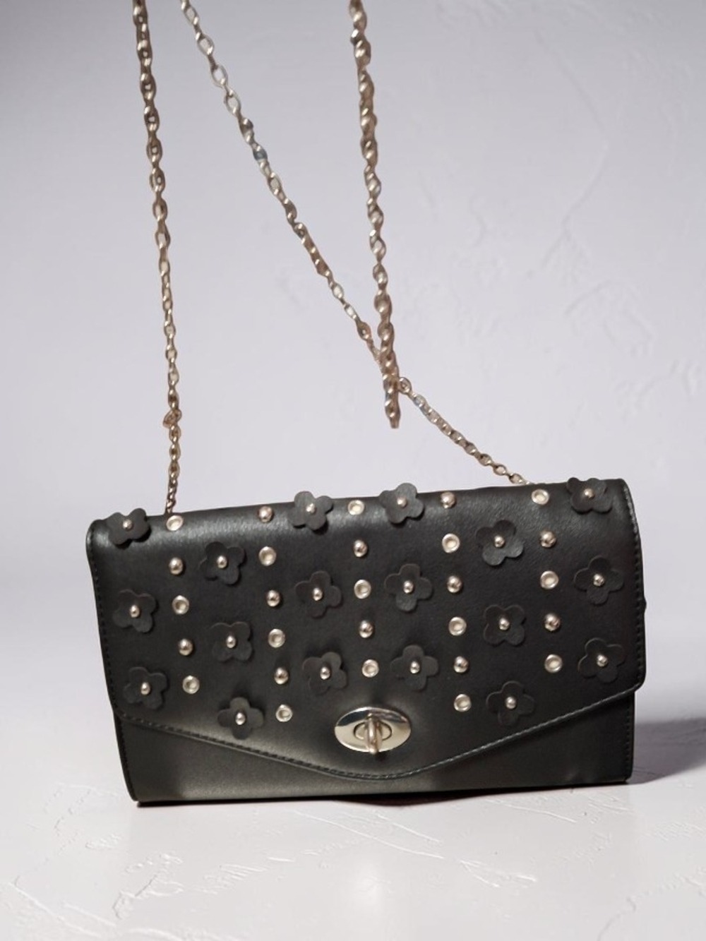 Black Floral Studded Chain Crossbody Bag Catherine Malandrino